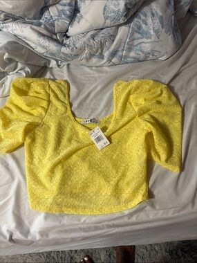 Love Bright Yellow Puff-Sleeve Lace Crop Top